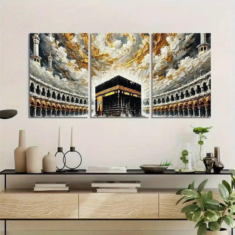 Khana Kaba Wooden Wall Art – 3 Piece Islamic Frame Set | Easy Install Stickytile Design