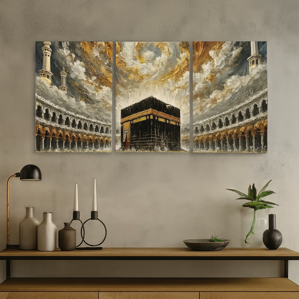 Khana Kaba Wooden Wall Art – 3 Piece Islamic Frame Set | Easy Install Stickytile Design
