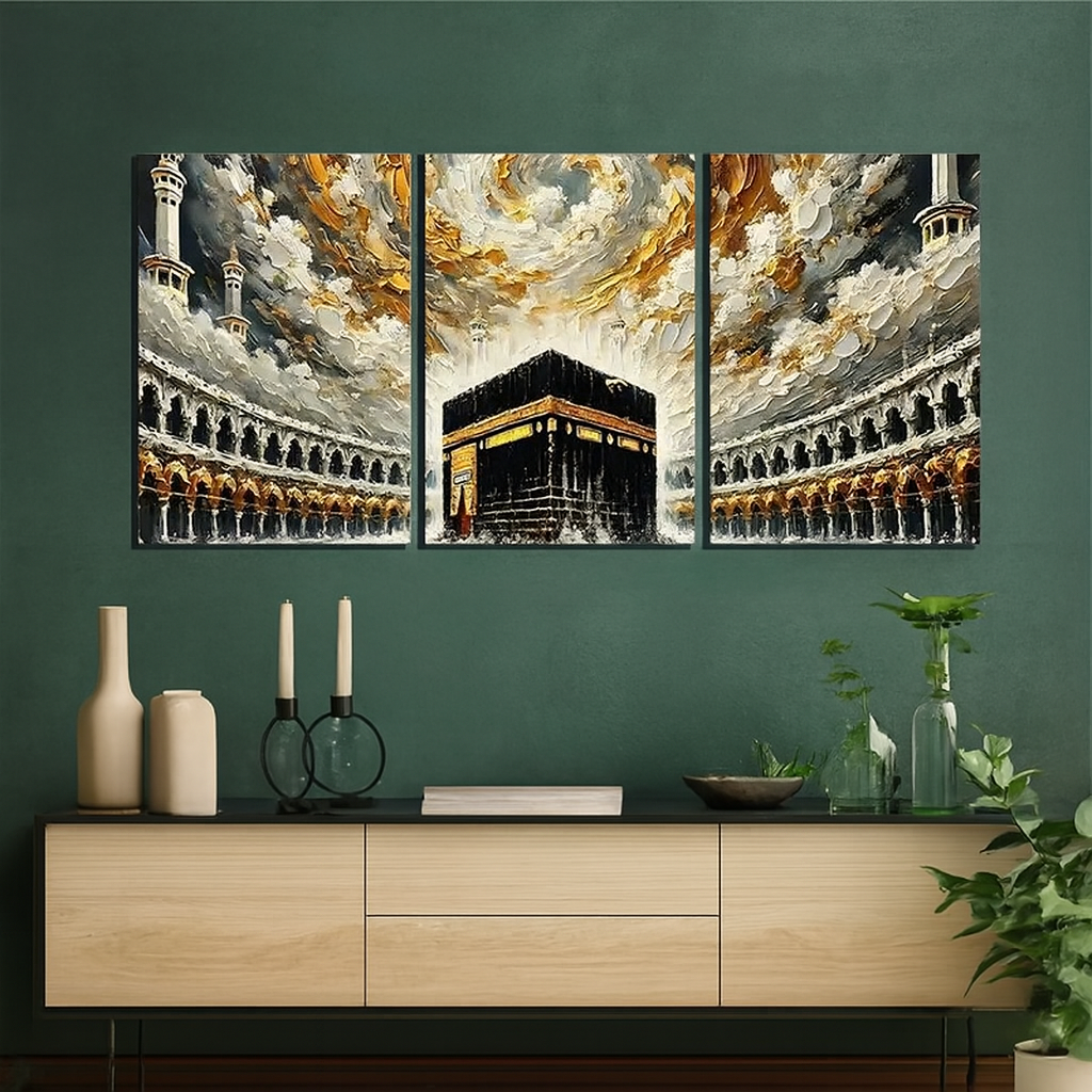 Khana Kaba Wooden Wall Art – 3 Piece Islamic Frame Set | Easy Install Stickytile Design