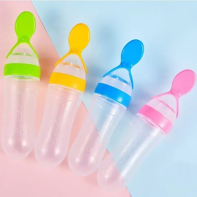 90ml Baby Feeder with Spoon – Soft Silicone Feeding Bottle & Spoon Dispenser | Easy, Mess-Free Feeding (Random Color)