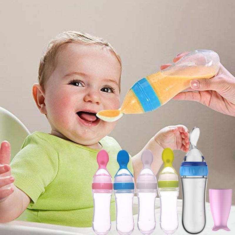 90ml Baby Feeder with Spoon – Soft Silicone Feeding Bottle & Spoon Dispenser | Easy, Mess-Free Feeding (Random Color)